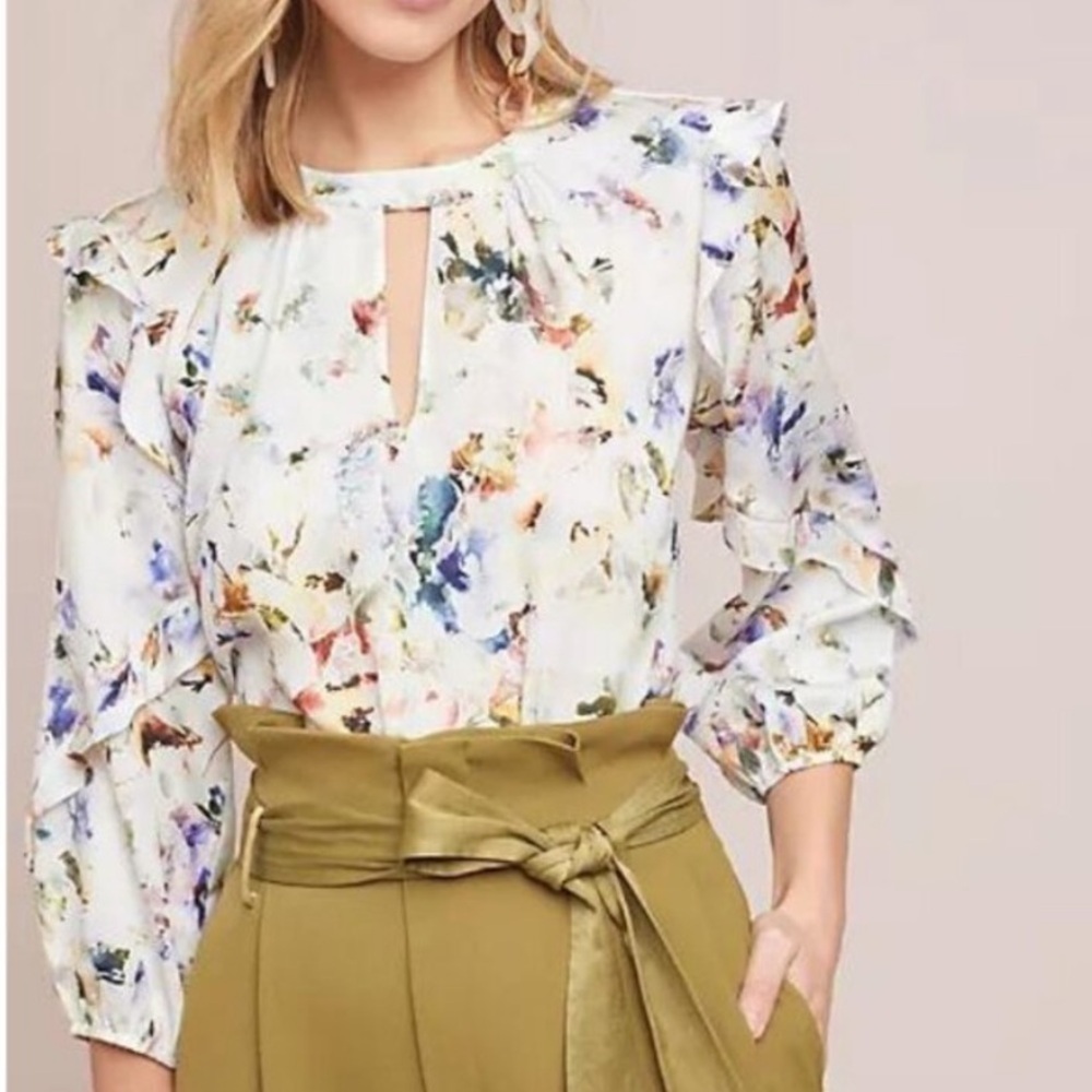 Anthropologie Dolan Araminta Ruffled Top Floral Watercolor Long Sleeve Size L